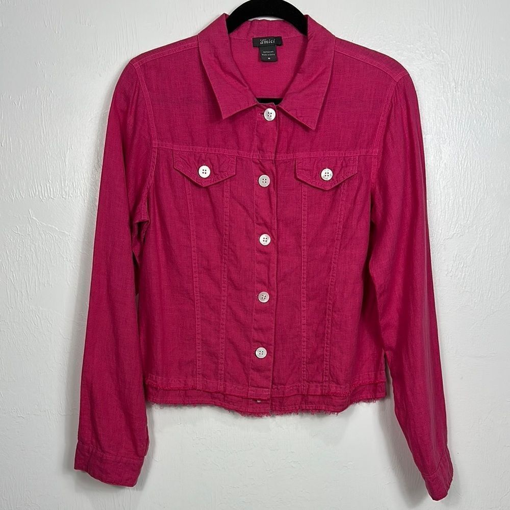 Pure Amici Linen Button Front Lightweight Jacket In Raspberry Size M